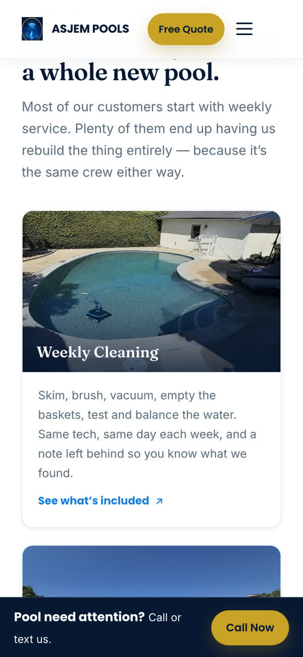The ASJEM Pools site on a phone, services