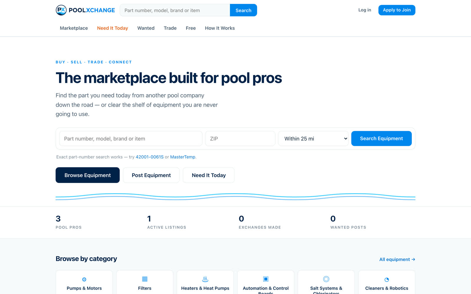 The POOLXCHANGE homepage with a part number search bar