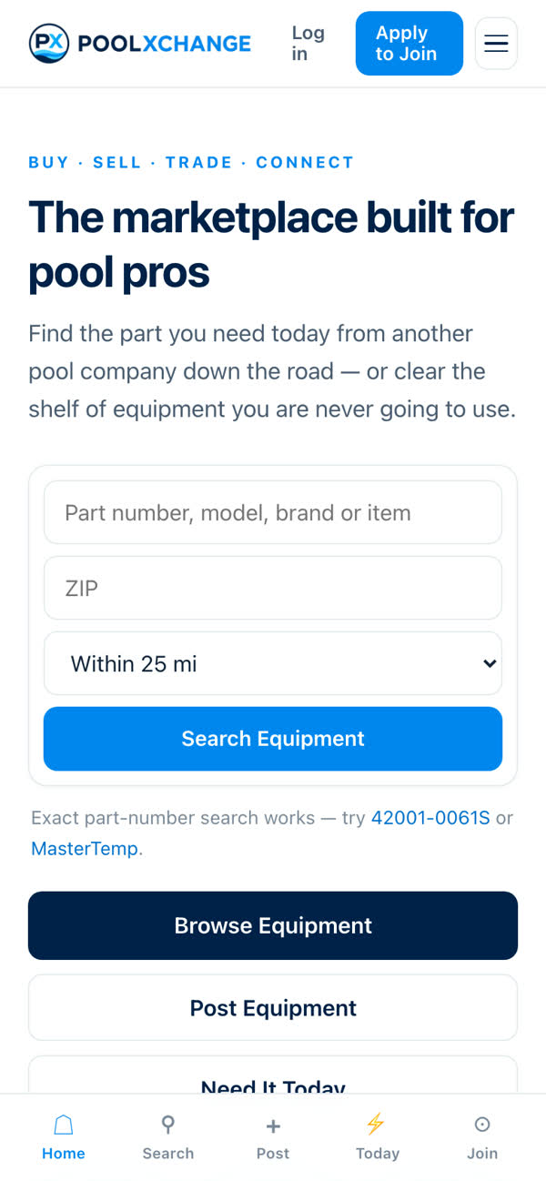POOLXCHANGE on a phone, the search screen